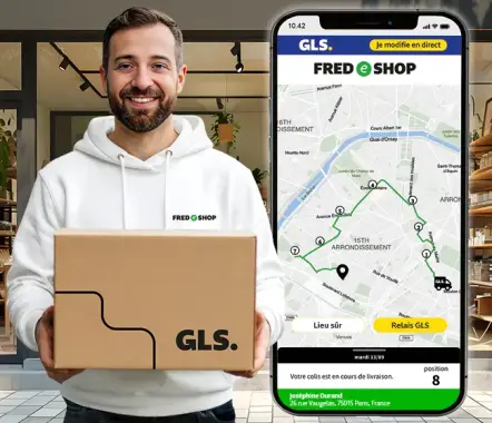 Application mobile GLS affichant le suivi d’une livraison sur une carte, à côté d'un homme tenant un colis GLS.