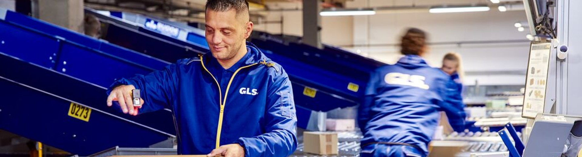 GLS employees sort and scan GLS parcels on a conveyor belt